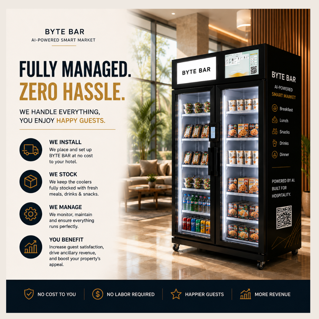 BYTE BAR AI-powered smart cooler and freezer installed as a modern micro market solution for hotels, apartment buildings, offices, and warehouses, offering 24/7 self-service food, drinks, frozen meals, and ice cream. BYTE BAR AI-powered smart cooler and freezer installed as a modern micro market solution for hotels, apartment buildings, offices, and warehouses, offering 24/7 self-service food, drinks, frozen meals, and ice cream.