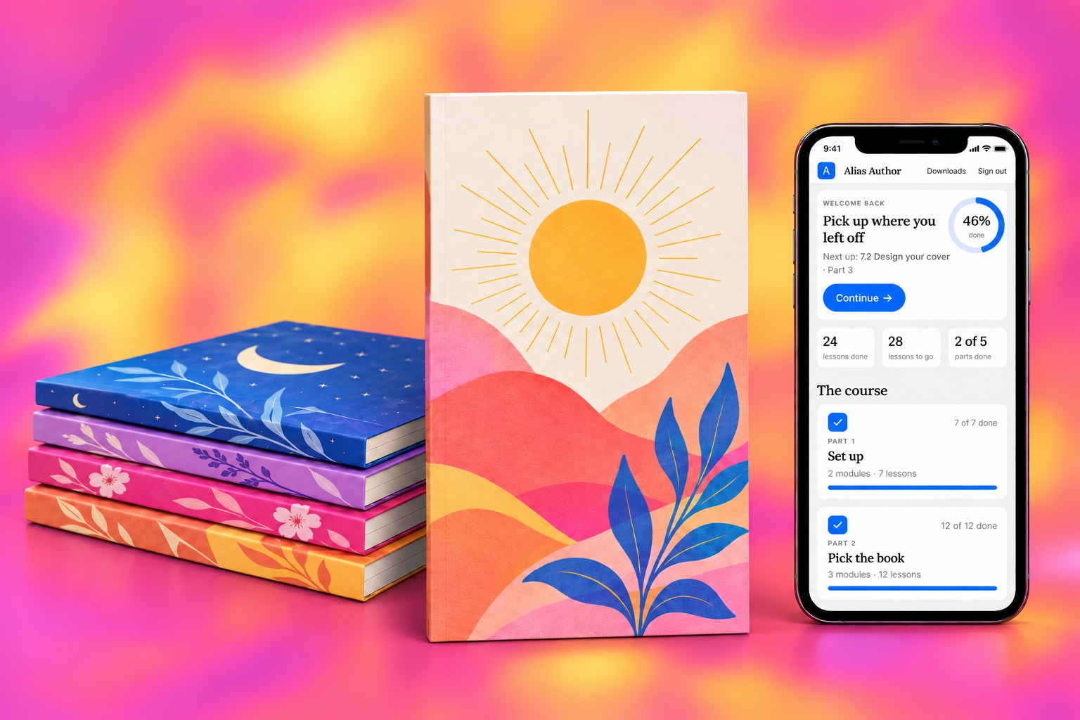 Colourful journals and the Alias Author course shown on a phone