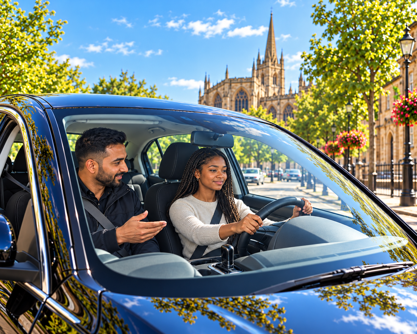 Learner driving an automatic car with an instructor