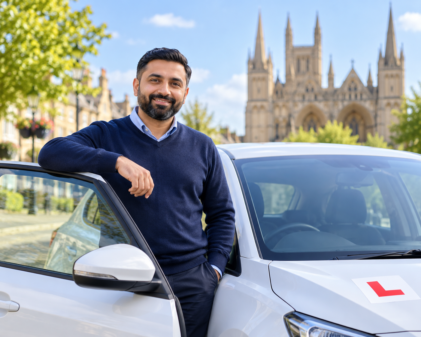 Illustrative image of a driving instructor standing beside a learner car in Peterborough