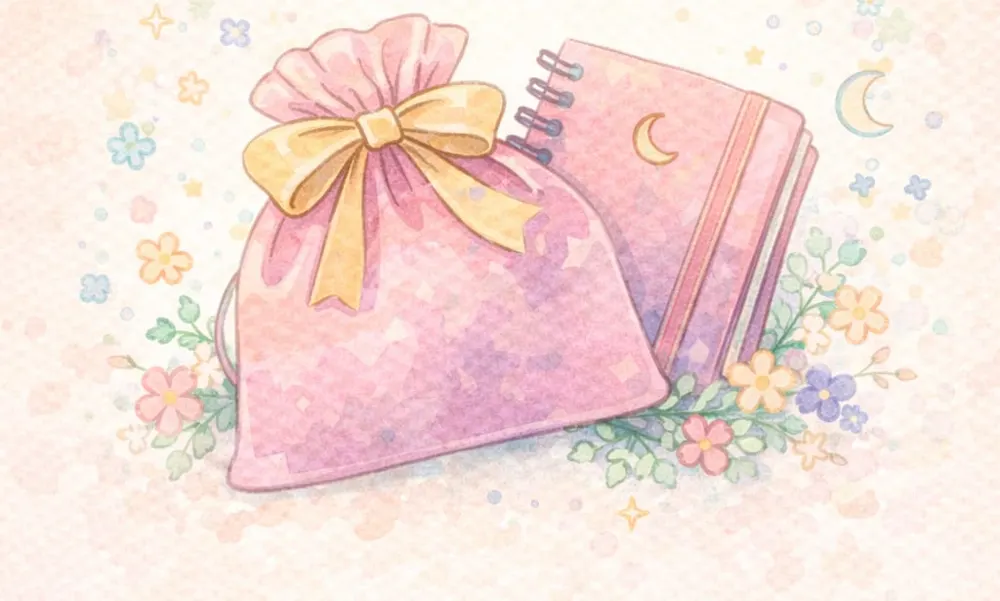 Ilustración en acuarela de una bolsita de regalo rosa junto a una agenda con luna.