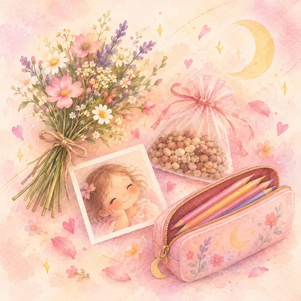 Ilustración en acuarela de un ramo de flores, una bolsita de semillas, una foto de bebé y un estuche con colores.