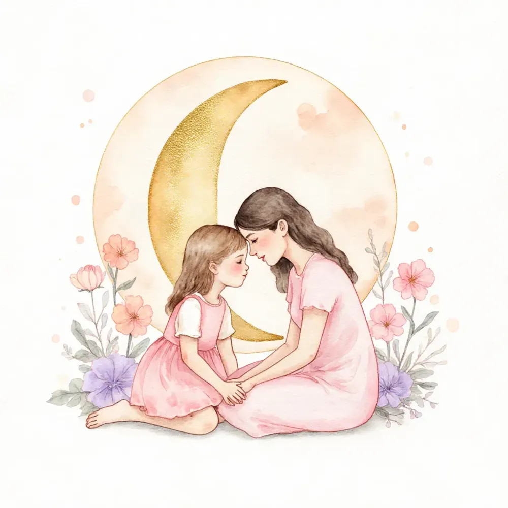 Ilustración en acuarela de una mamá y su hija sentadas juntas frente a una luna creciente, rodeadas de flores.