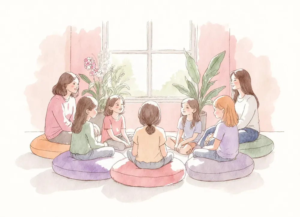 Ilustración en acuarela de un grupo de niñas con sus mamás en un taller.