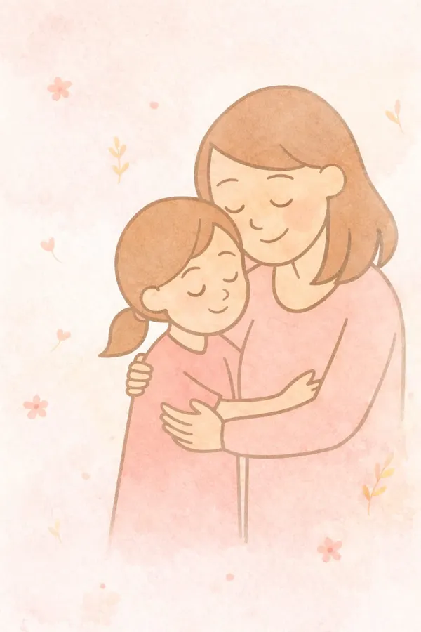 Ilustración en acuarela de una mamá abrazando a su hija.