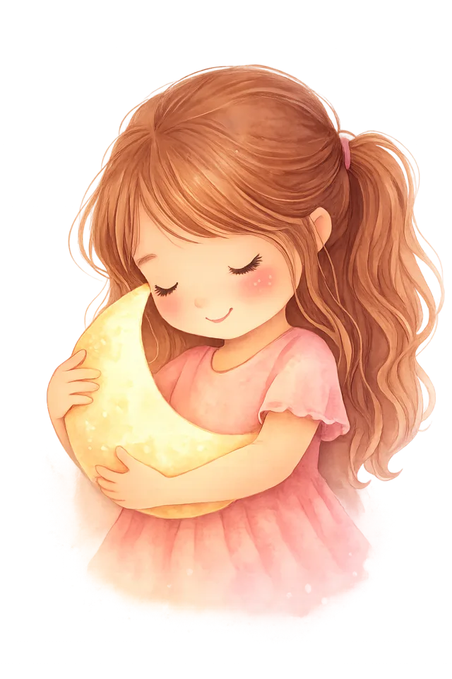Ilustración en acuarela de una niña abrazando una luna.