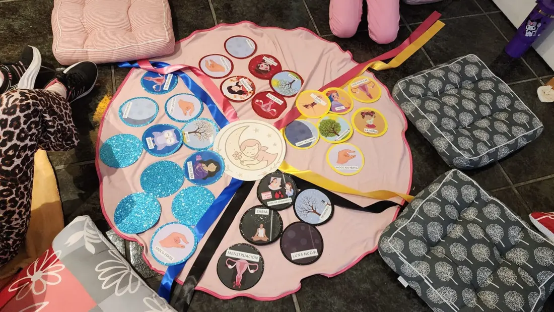 Tapete circular con tarjetas ilustradas del ciclo menstrual.