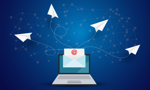 Illustration of a laptop with an email and paper airplanes flying outward, symbolizing digital communication and email marketing distribution on a connected network background.