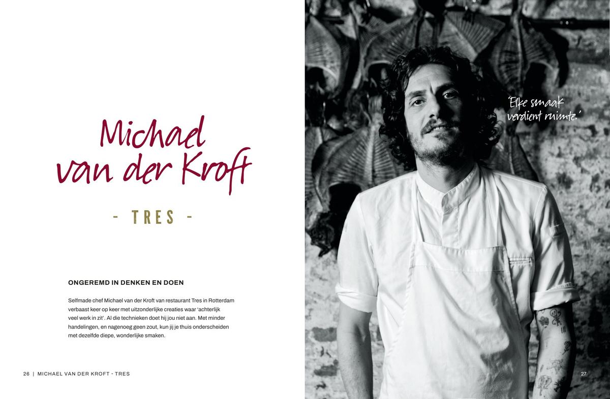 Spread uit het boek: portret en verhaal van chef Michael van der Kroft van Tres.