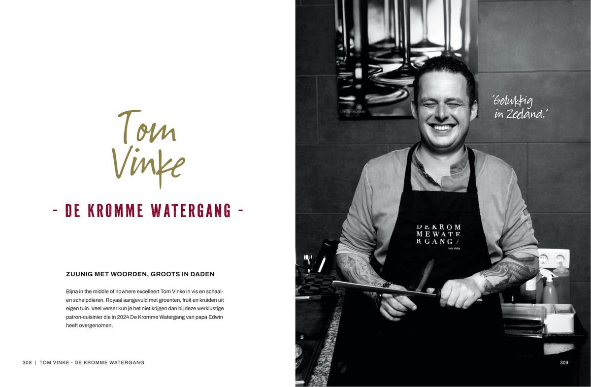 Spread uit het boek: portret en verhaal van chef Tom Vinke van De Kromme Watergang.
