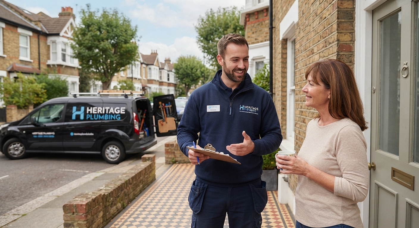 UK plumber from Heritage Plumbing chatting with a customer at her front door, clipboard in hand after completing a job UK plumber from Heritage Plumbing chatting with a customer at her front door, clipboard in hand after completing a job