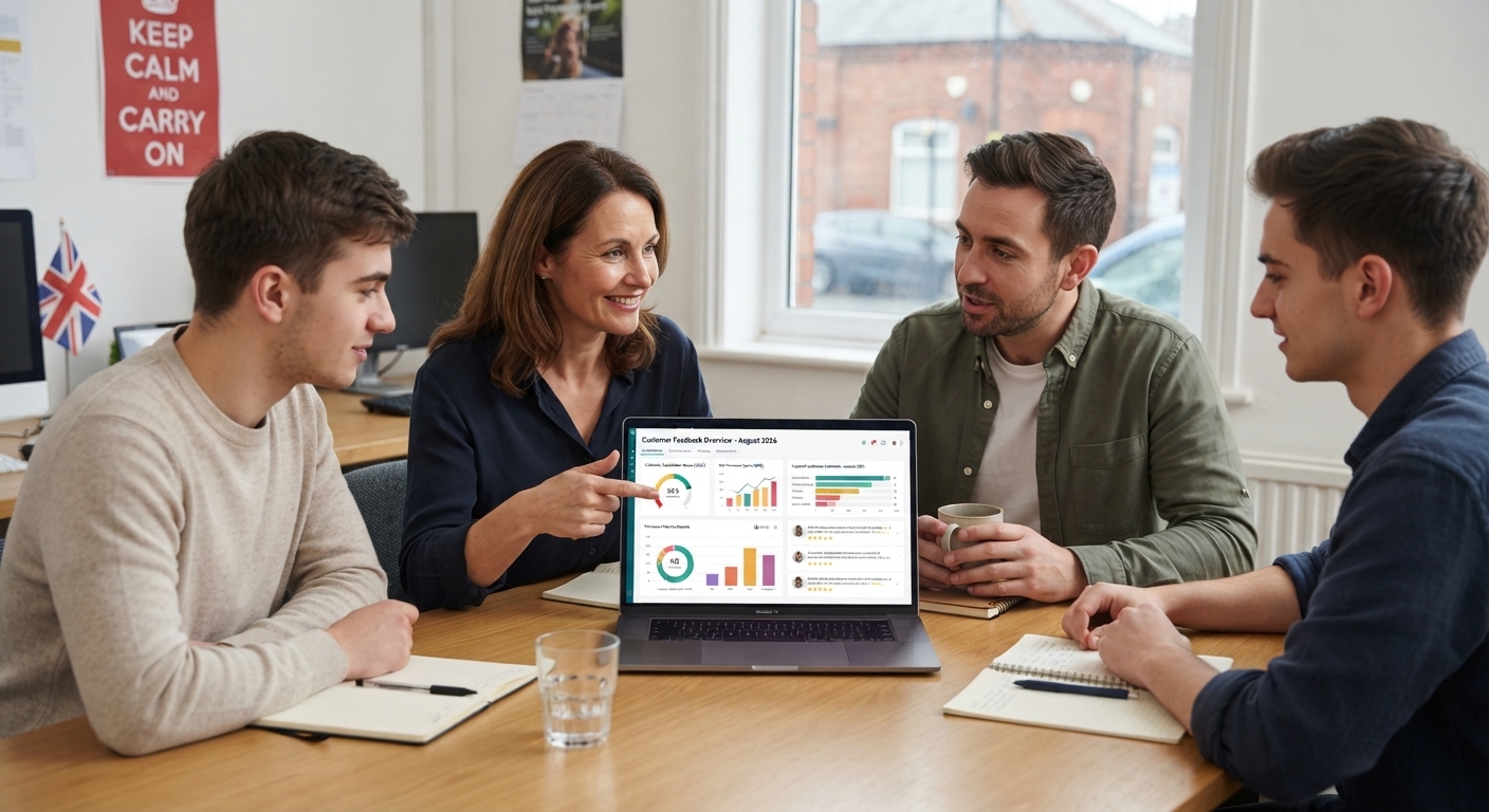 Small UK office team reviewing a customer feedback dashboard together on a laptop, casual meeting Small UK office team reviewing a customer feedback dashboard together on a laptop, casual meeting
