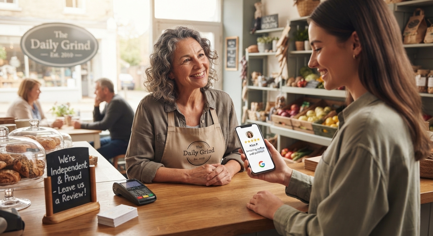 UK independent shop owner smiling at the counter as a new five-star Google review notification appears on a customer's phone UK independent shop owner smiling at the counter as a new five-star Google review notification appears on a customer's phone