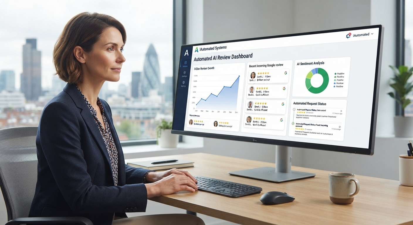 UK professional viewing an automated AI review dashboard on a desktop monitor, modern office UK professional viewing an automated AI review dashboard on a desktop monitor, modern office