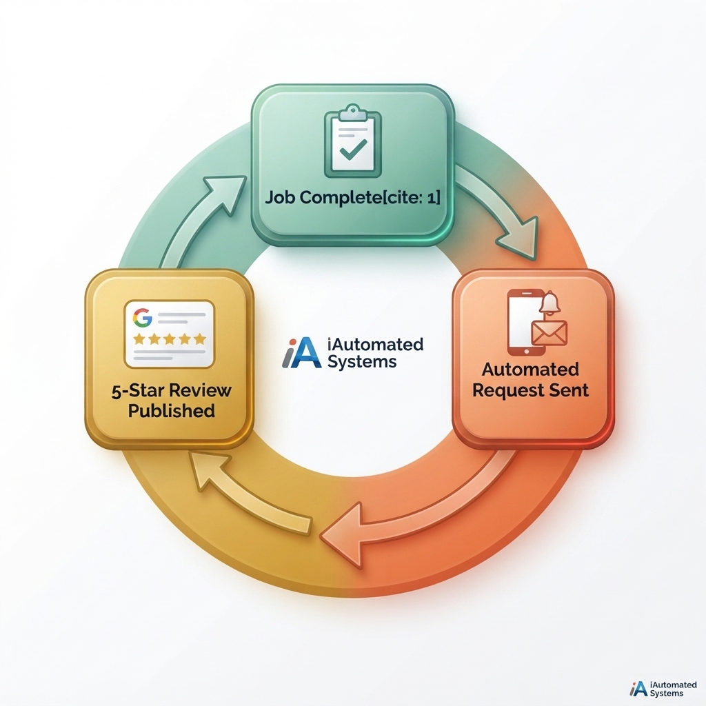 Diagram — the automated review cycle: Job Complete, Automated Request Sent, 5-Star Review Published Diagram — the automated review cycle: Job Complete, Automated Request Sent, 5-Star Review Published