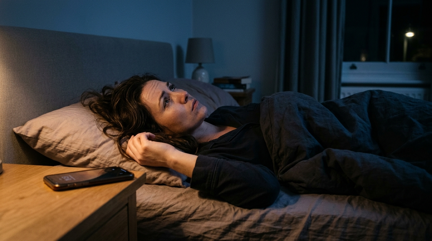  Woman in her thirties lying awake at night thinking about work, with her phone glowing on the bedside table