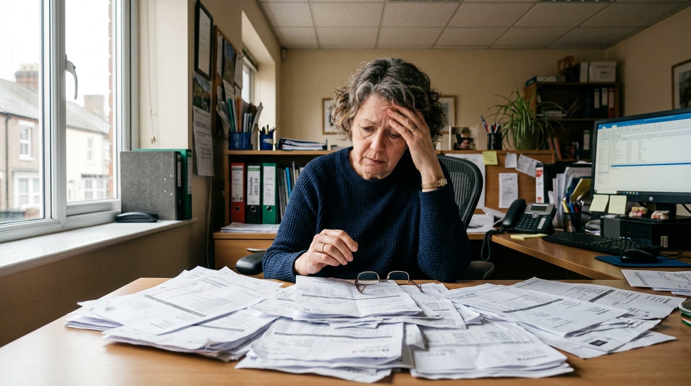 Woman in her fifties looking worried at a pile of unpaid invoices on a desk Woman in her fifties looking worried at a pile of unpaid invoices on a desk