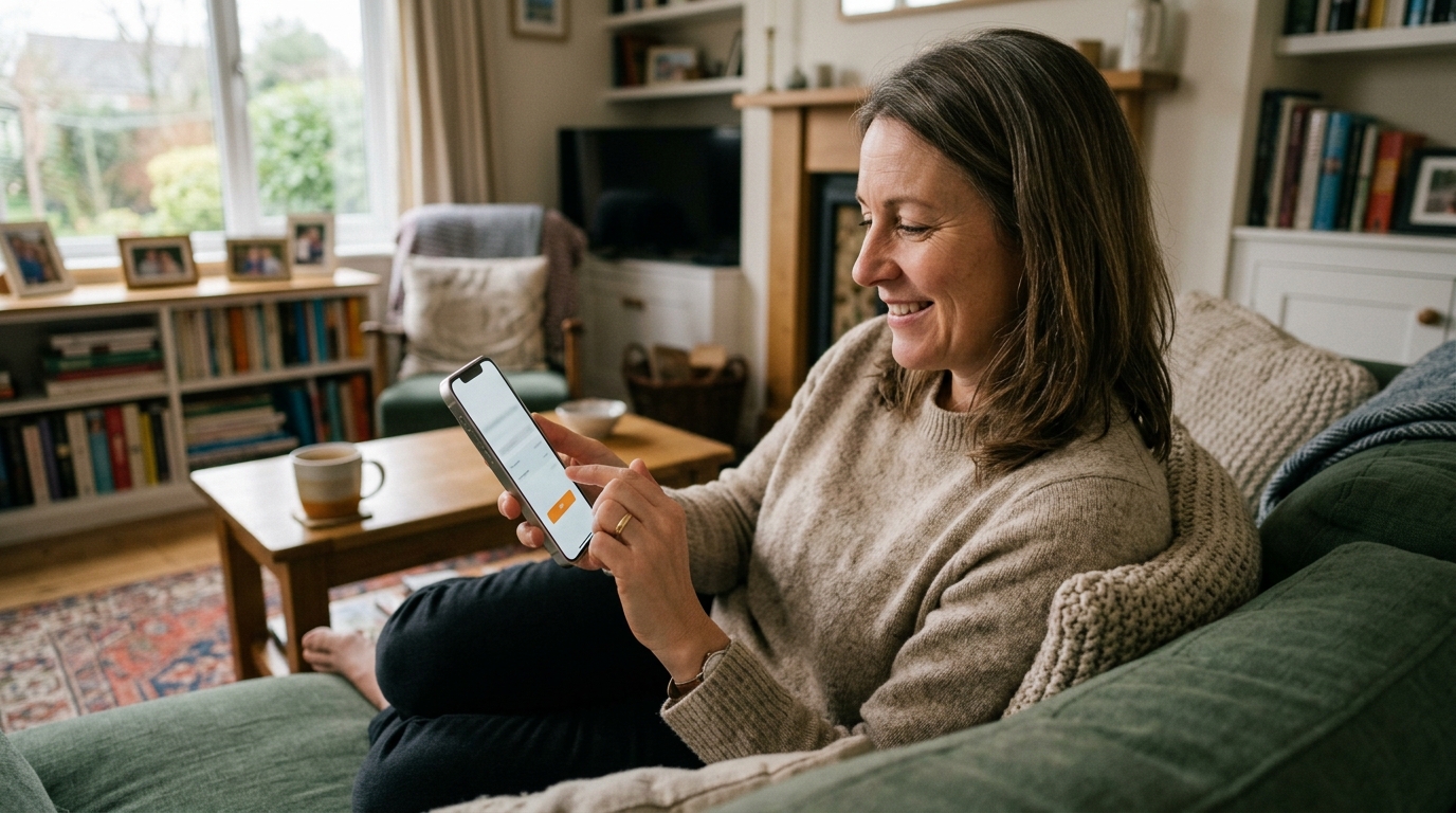 Customer in her forties paying an invoice on her phone using a payment link while sitting on a sofa Customer in her forties paying an invoice on her phone using a payment link while sitting on a sofa