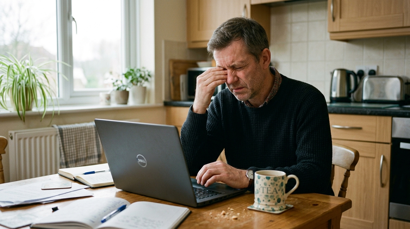Man in his forties frustrated by a long email thread on his laptop at a kitchen table