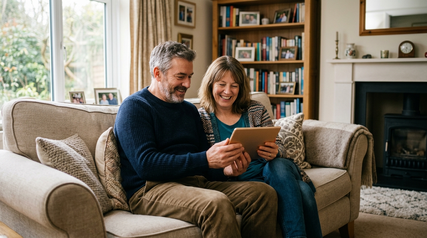 Couple in their fifties reading a welcome email from a local business on a tablet at home