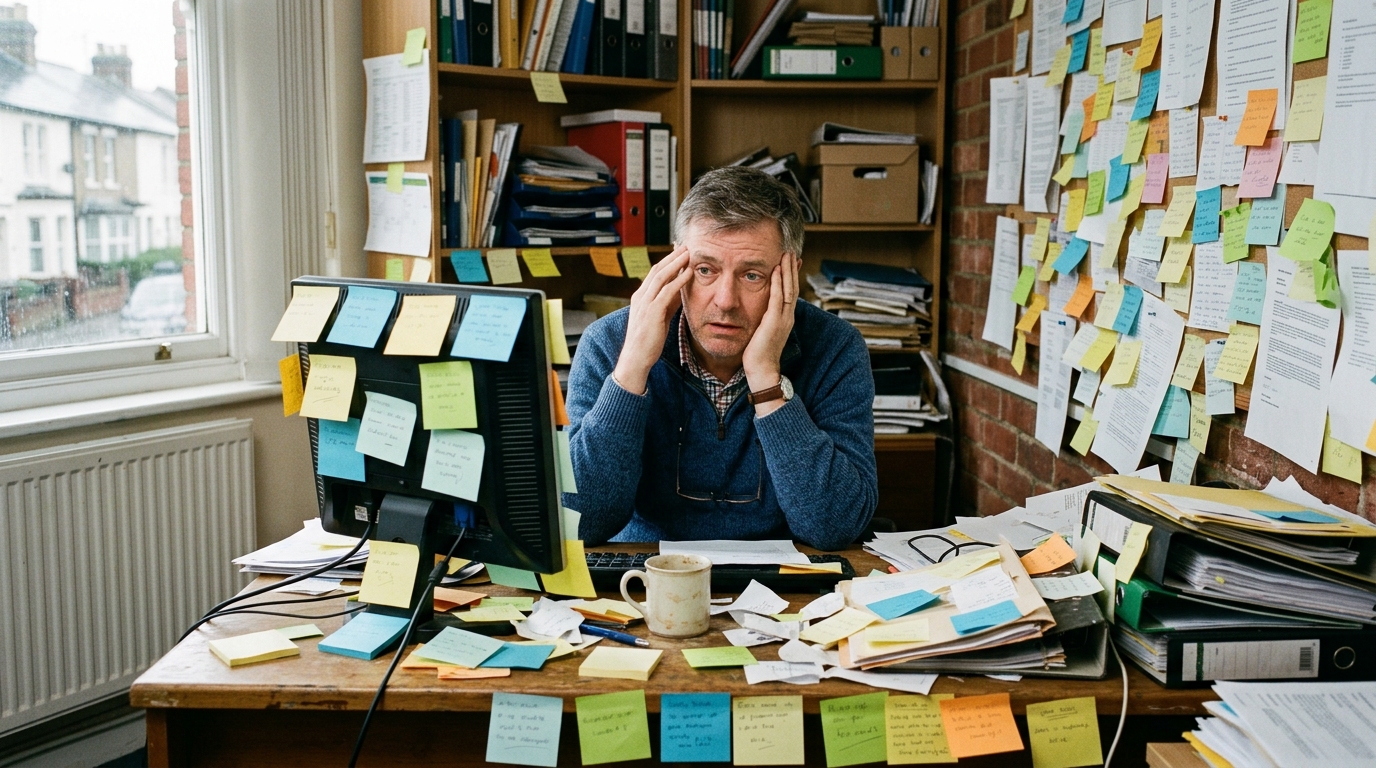 Man in his fifties surrounded by sticky notes and scraps of paper on a cluttered desk Man in his fifties surrounded by sticky notes and scraps of paper on a cluttered desk