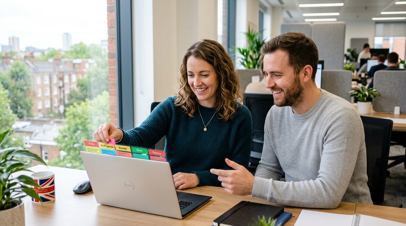 Two colleagues in their thirties moving a deal card across a pipeline board on a laptop Two colleagues in their thirties moving a deal card across a pipeline board on a laptop