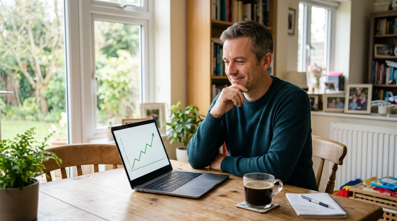 Man in his forties looking relaxed while reviewing a monthly sales forecast on his laptop at home Man in his forties looking relaxed while reviewing a monthly sales forecast on his laptop at home