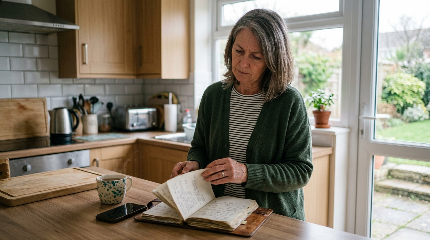 Woman in her fifties looking through an old notebook of customer phone numbers at a kitchen worktop