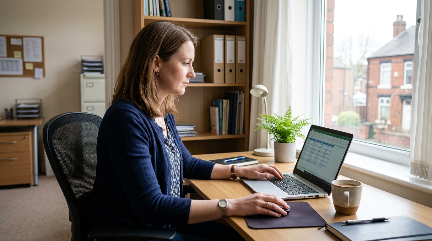 Office manager in her thirties importing a spreadsheet of contacts on a laptop in a small UK office