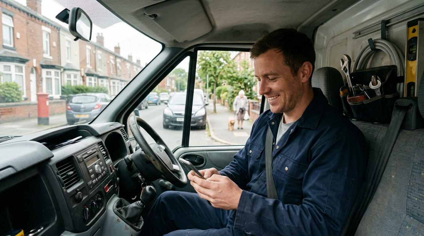 Plumber in his thirties checking a new job request on his phone in his van