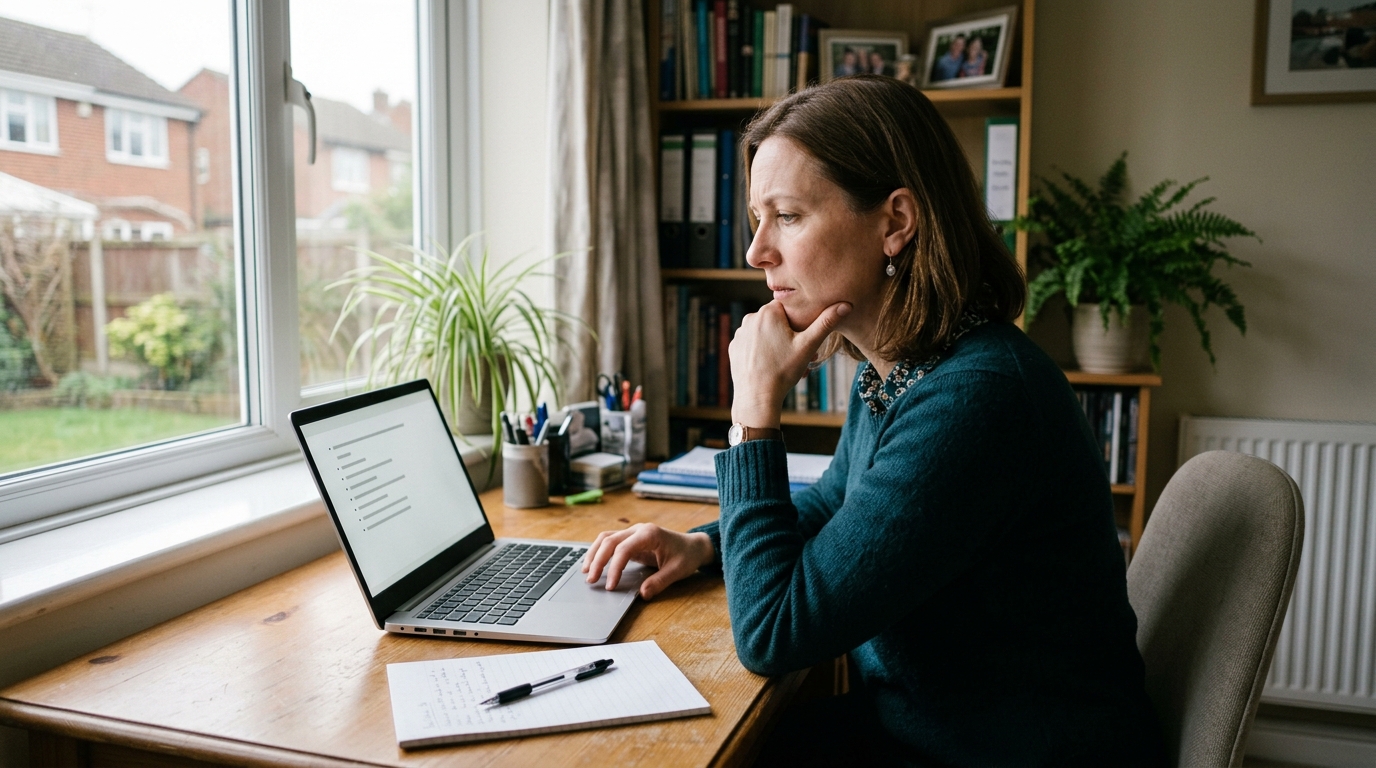 Woman in her forties at a home office desk looking at a list of unanswered quotes on a laptop Woman in her forties at a home office desk looking at a list of unanswered quotes on a laptop
