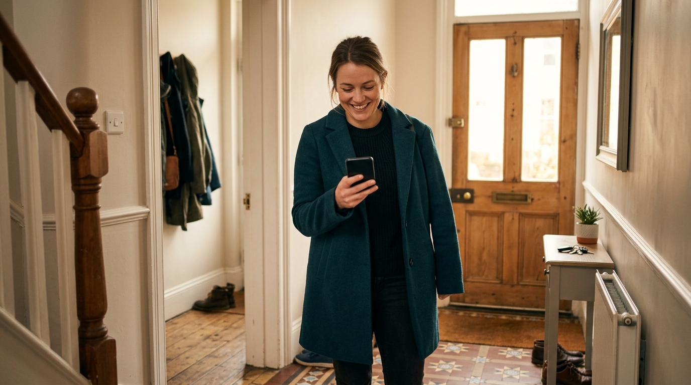Homeowner in her thirties reading a follow-up text from a tradesperson on her phone in a hallway Homeowner in her thirties reading a follow-up text from a tradesperson on her phone in a hallway