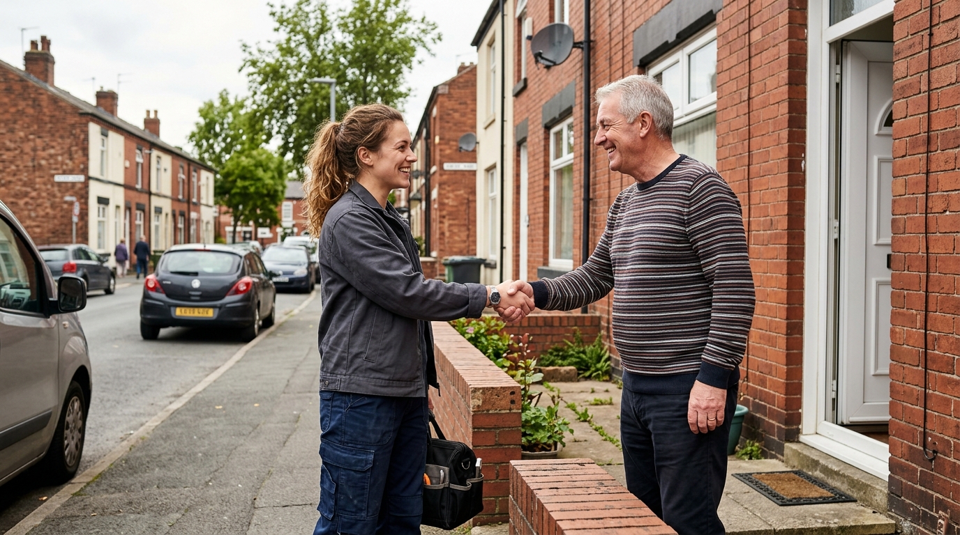 Tradeswoman in her twenties shaking hands with a customer outside a terraced house after winning a job Tradeswoman in her twenties shaking hands with a customer outside a terraced house after winning a job