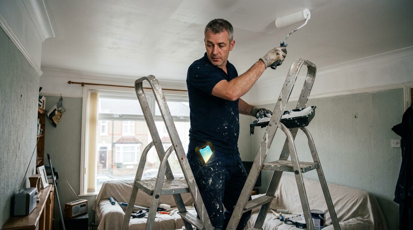 Tradesman in his forties on a ladder ignoring a ringing mobile phone in his pocket Tradesman in his forties on a ladder ignoring a ringing mobile phone in his pocket