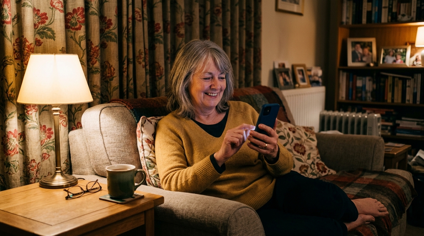 Woman in her sixties booking an appointment on her phone from a sofa in the evening Woman in her sixties booking an appointment on her phone from a sofa in the evening