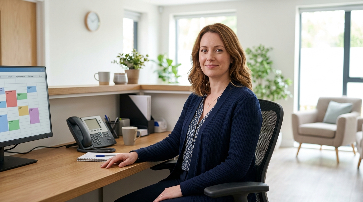 Receptionist at a UK clinic desk looking relaxed beside a quiet phone and an open booking calendar Receptionist at a UK clinic desk looking relaxed beside a quiet phone and an open booking calendar