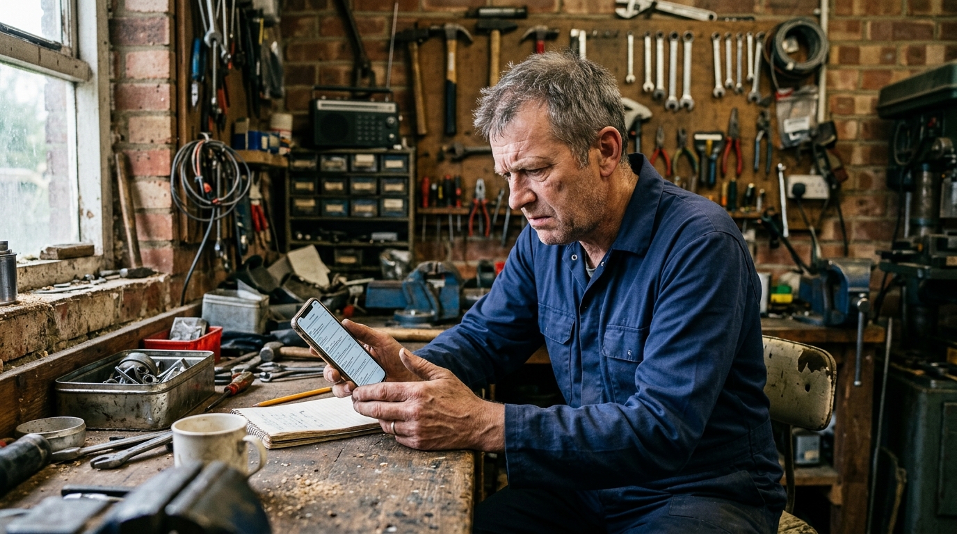 Man in his fifties looking frustrated at several message notifications on his phone at a workshop desk