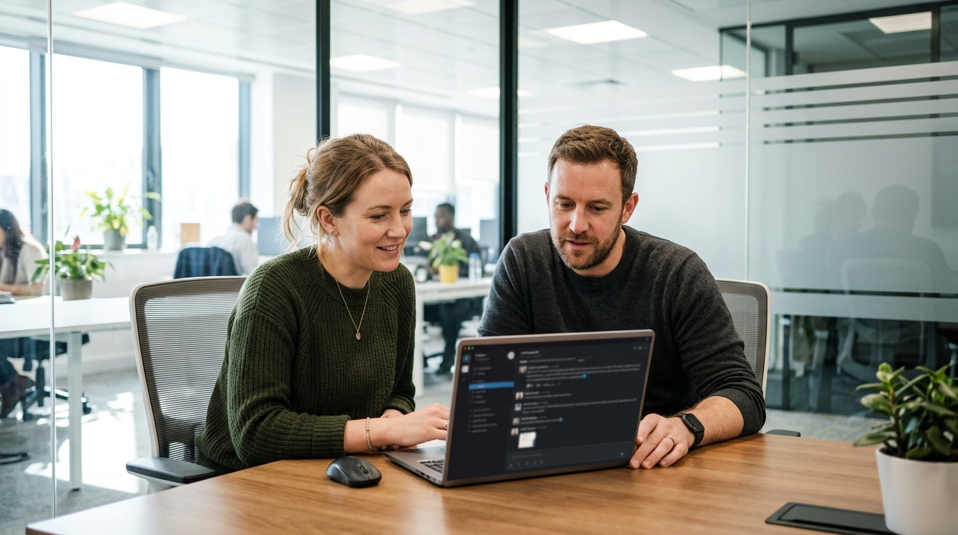 Two colleagues in a glass meeting room reviewing one shared message screen on a laptop