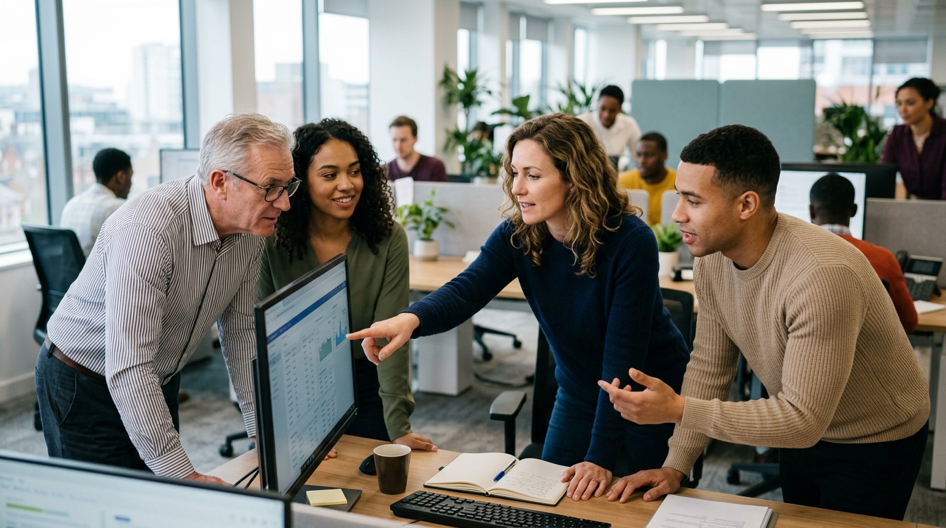 Small team in an open-plan UK office discussing customer enquiries around a shared monitor