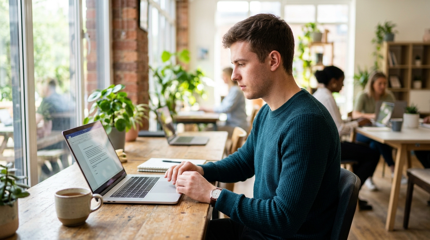 Young man in a co-working space checking an AI-drafted reply on his laptop before sending