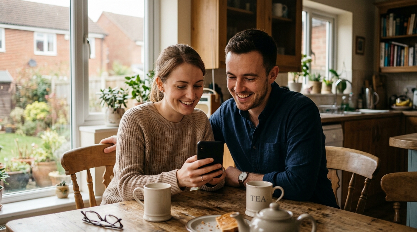 Young couple reading an automated appointment reminder text on a phone at a kitchen table Young couple reading an automated appointment reminder text on a phone at a kitchen table