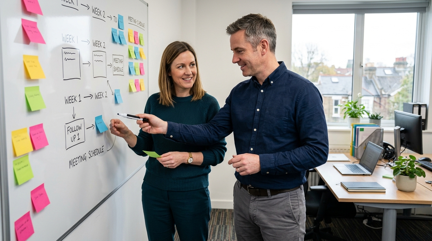 Two business partners in a small UK office planning a follow-up schedule on a whiteboard Two business partners in a small UK office planning a follow-up schedule on a whiteboard