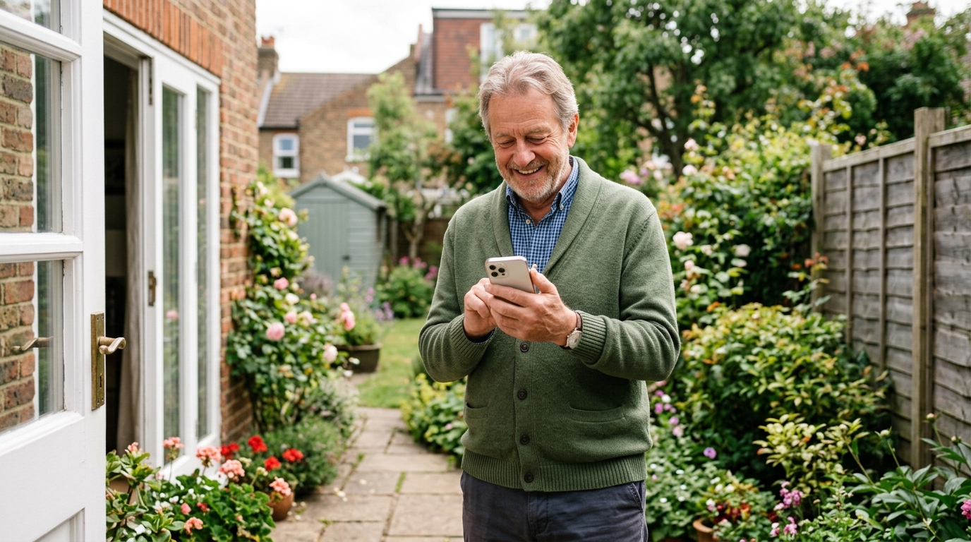 Man in his sixties smiling as he reads a friendly message from a local business on his phone