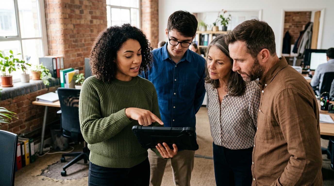 Small business owner in her twenties pointing to a stalled deal on a tablet during a team huddle Small business owner in her twenties pointing to a stalled deal on a tablet during a team huddle