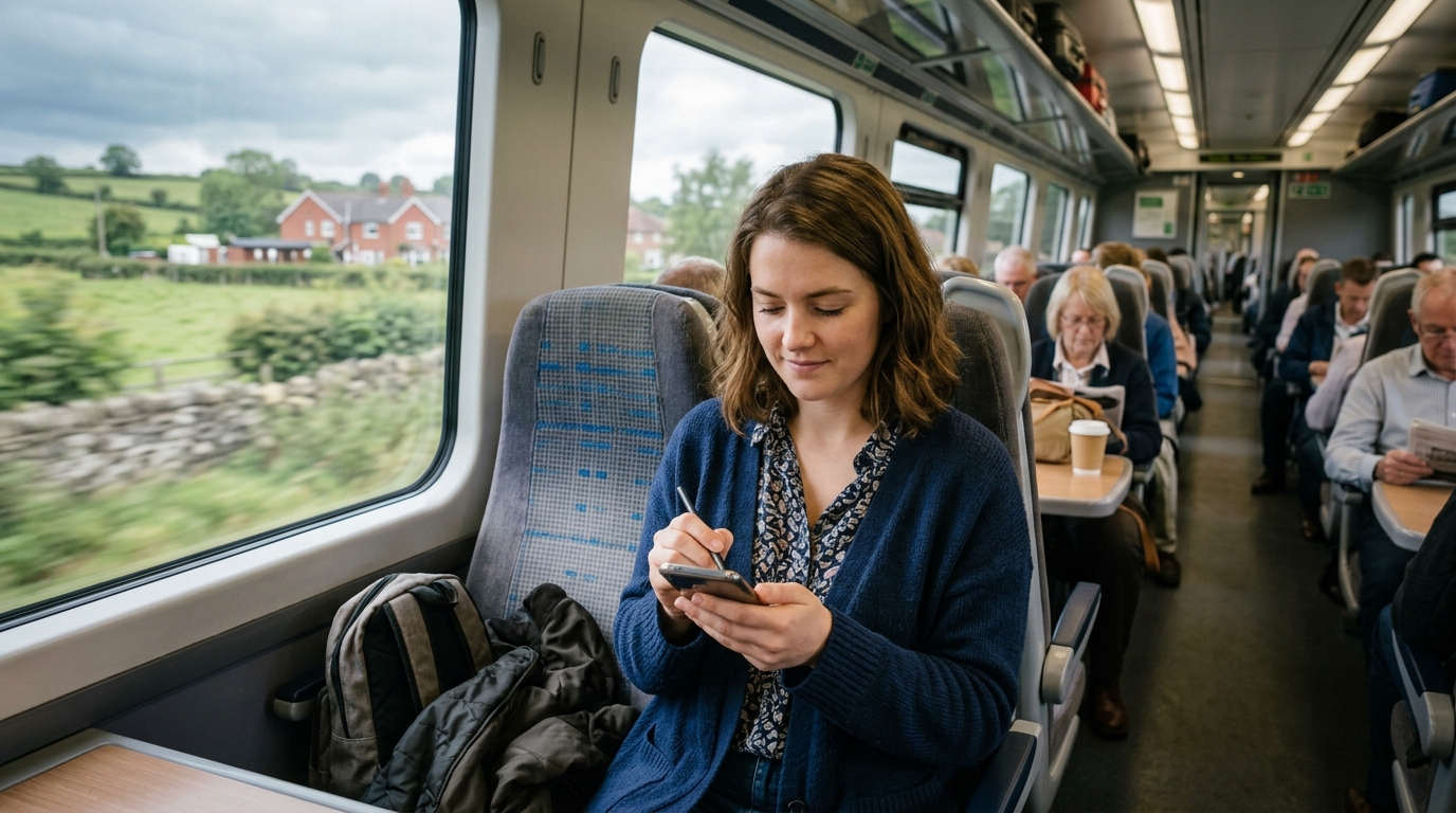 Customer in her twenties signing a document electronically on her phone on a train