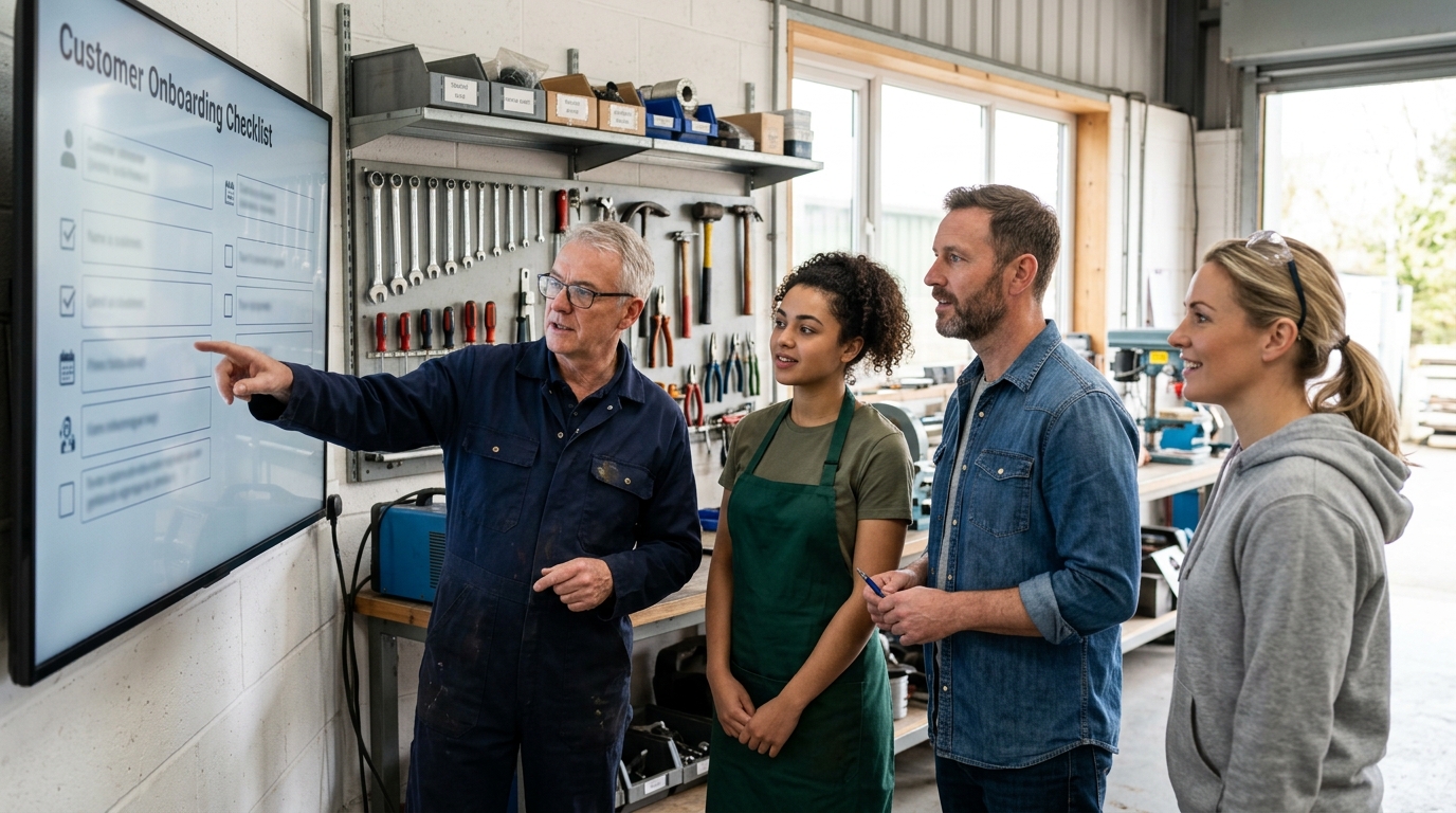 Small team in a UK workshop checking a new customer checklist on a wall-mounted screen