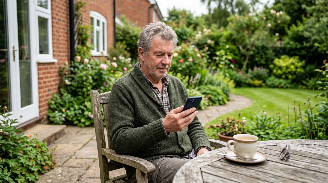 Man in his sixties reading a polite automated payment reminder on his phone at a garden table Man in his sixties reading a polite automated payment reminder on his phone at a garden table