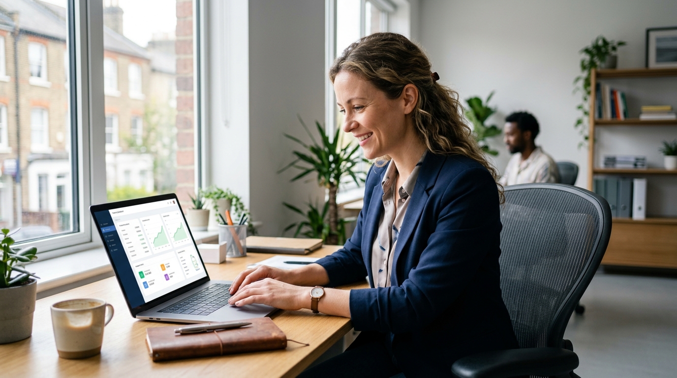 Small business owner in her thirties reviewing a healthy cash flow report on a laptop in a UK office Small business owner in her thirties reviewing a healthy cash flow report on a laptop in a UK office