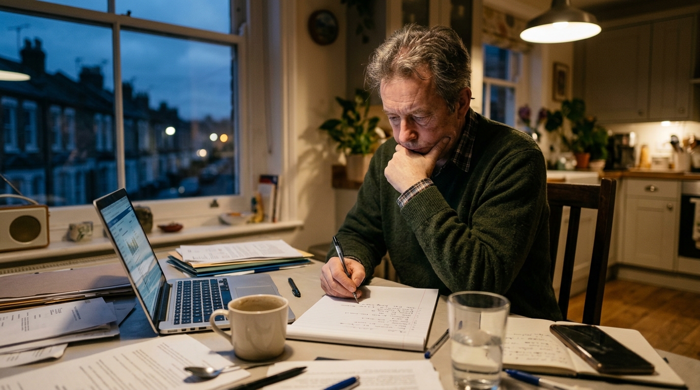 Man in his fifties writing a long to-do list on a notepad at a cluttered kitchen table late in the evening