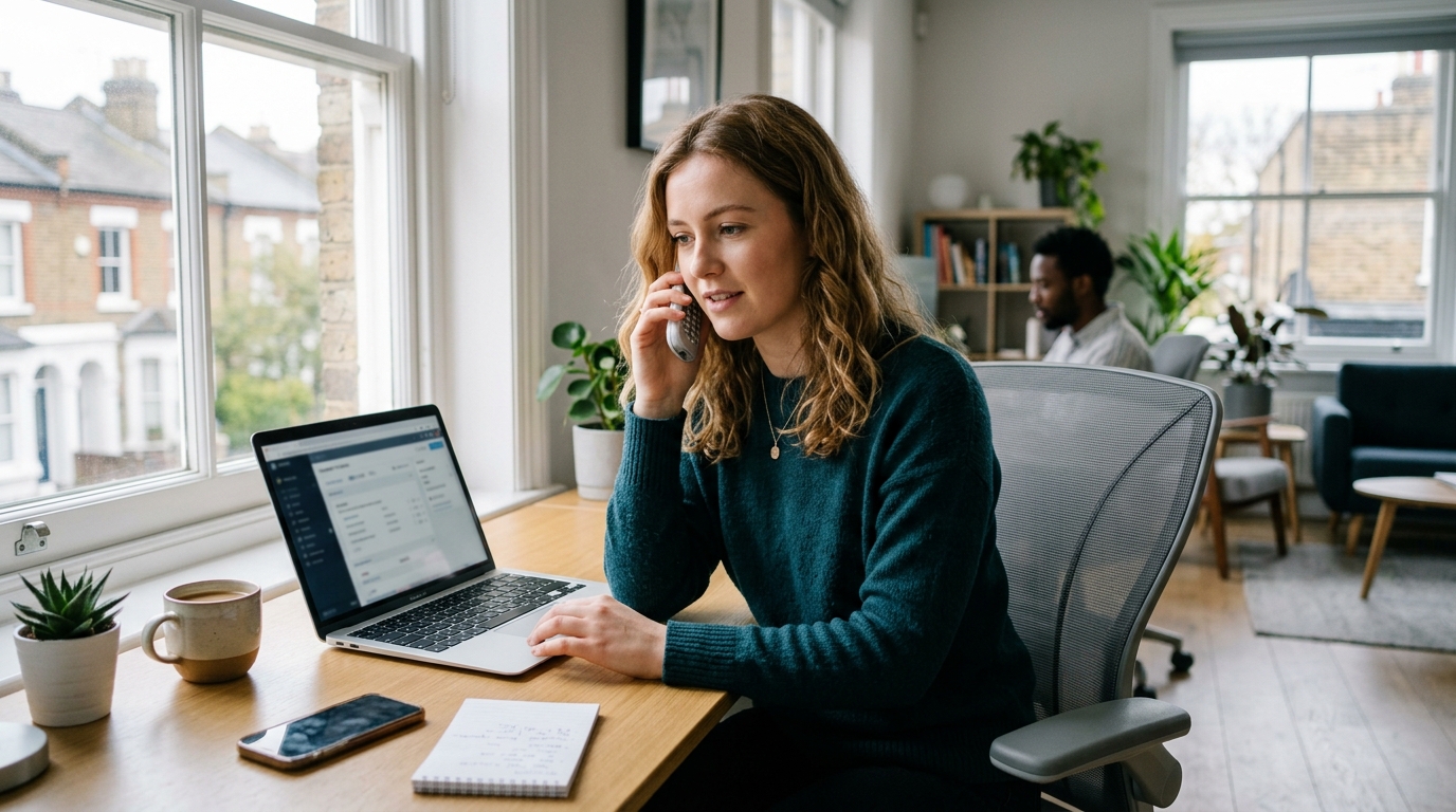 Team member in her twenties confidently handling a customer enquiry at a desk while the owner is away